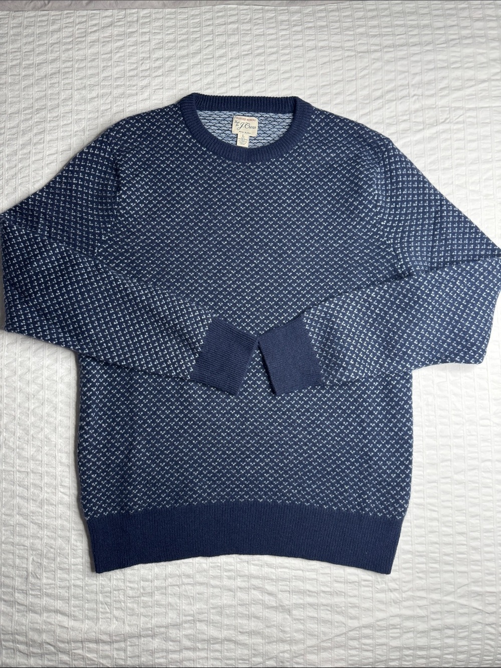 J.Crew Rugged Merino Wool Men's Size L Navy Patterned Crewneck Sweater